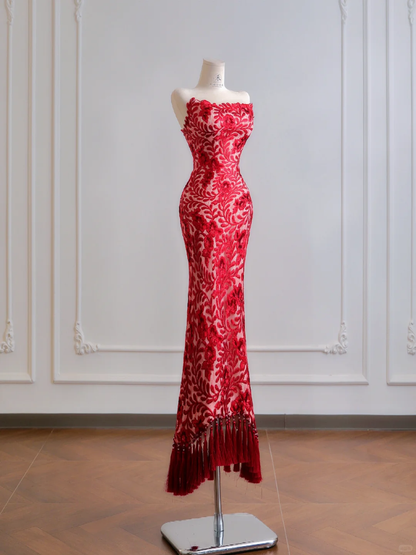Charming Burgundy Mermaid Strapless Lace Prom Dress Wedding Guest Dress DP3876