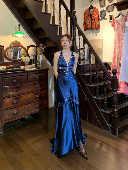 Vintage Mermaid Halter Rhinestone Blue Satin Open Back Long Sweep Party Dress Evening Dress DP2431
