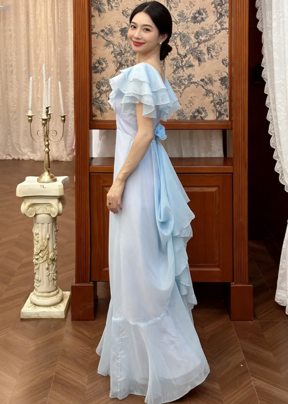 Vintage Simple A Line Off the Shoulder Layered Blue Chiffon Prom Dress DP4825