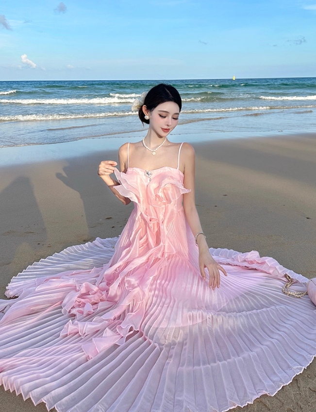 Pink A Line Spaghetti Strap Pleated Ruffle Chiffon Long Beach Vacation Dress Outfits DP3402