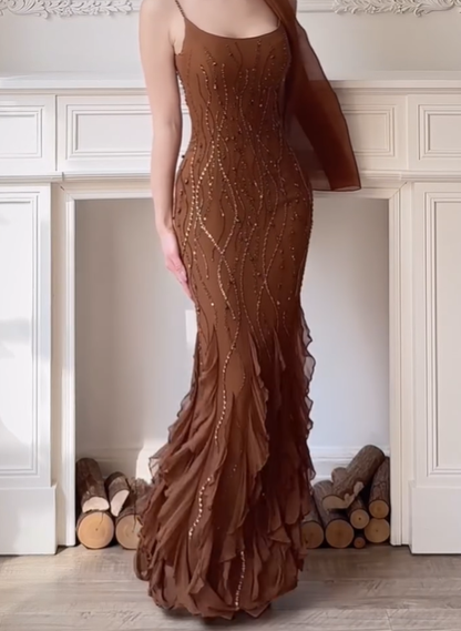 Romantic Orange Mermaid Spaghetti Strap Beaded Ruffle Chiffon Prom Dress Evening Dress DP2883