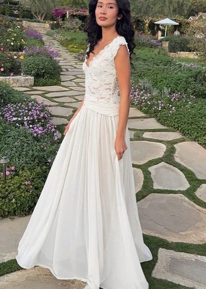 Elegant White A Line V Neck Lace Chiffon Long Prom Dress Evening Prom Dress DP4890