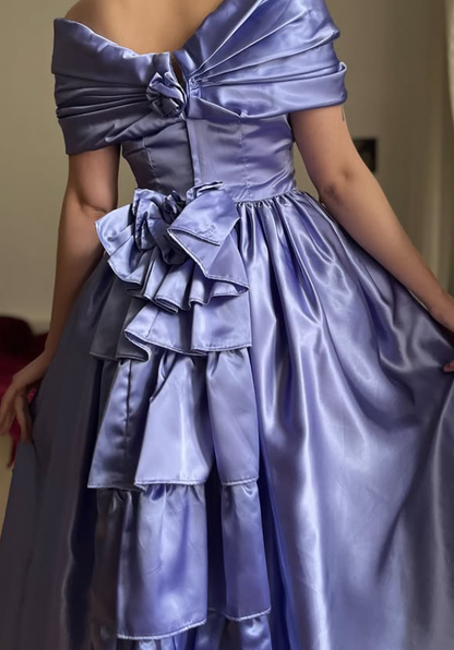 Vintage Purple A Line Off the Shoulder Satin Prom Dress Evening Dress Date Dress DP5704