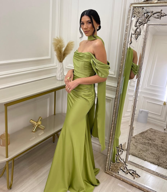Elegant Mermaid Off the Shoulder Green Satin Long  Prom Dress Evening Dress DP1860