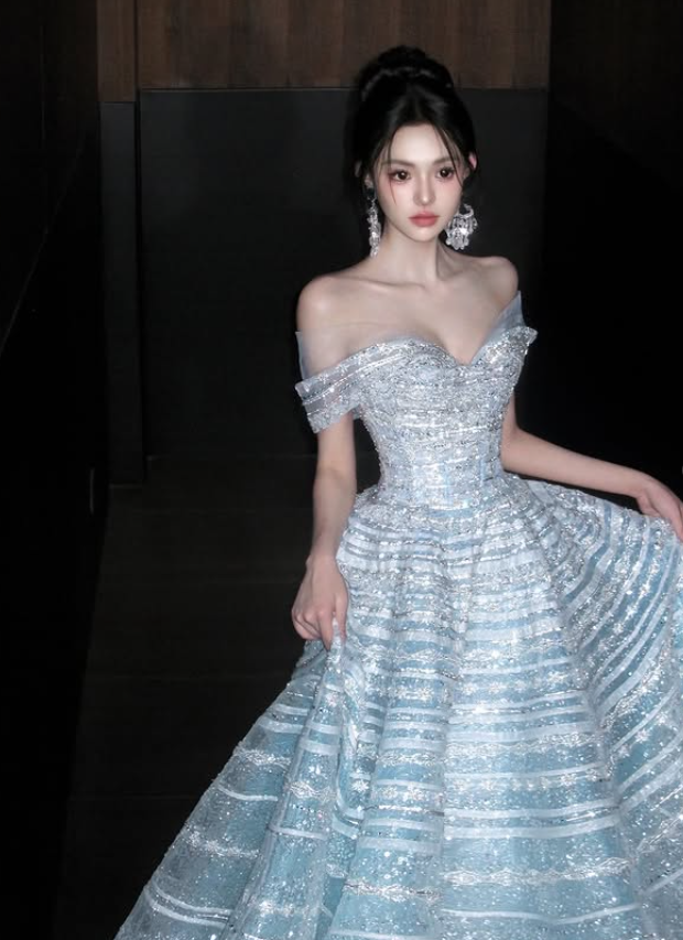 Shiny Ball Gown Off the Shoulder Silver Sequin Tulle Prom Dress DP4294