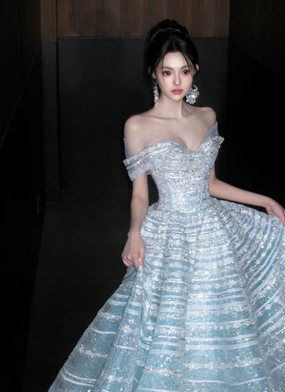 Shiny Ball Gown Off the Shoulder Silver Sequin Tulle Prom Dress DP4294