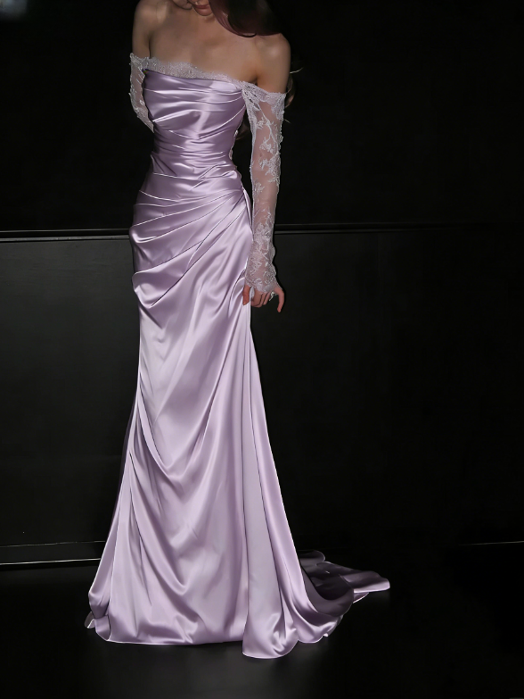 Gentle Mermaid Long Sleeve White Lace Satin Long Wedding Dress Prom Dress DP4410