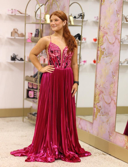 Shiny A Line Spaghetti Strap Beaded Hot Pink Satin Long Prom Dress Evening Dress DP6273