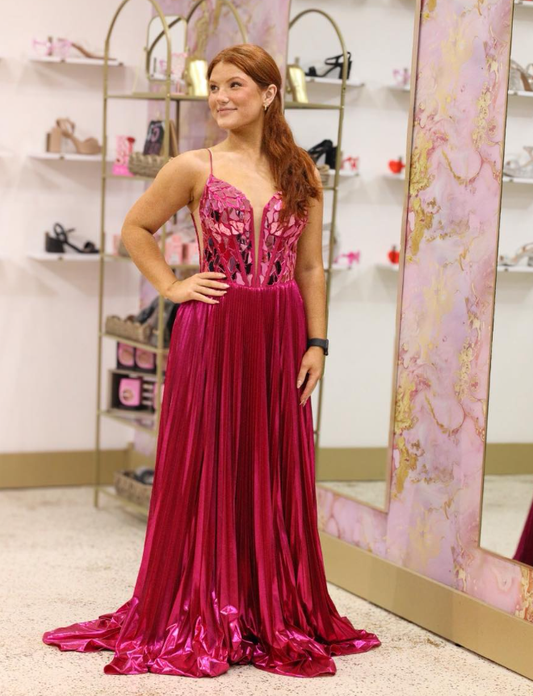 Shiny A Line Spaghetti Strap Beaded Hot Pink Satin Long Prom Dress Evening Dress DP6273