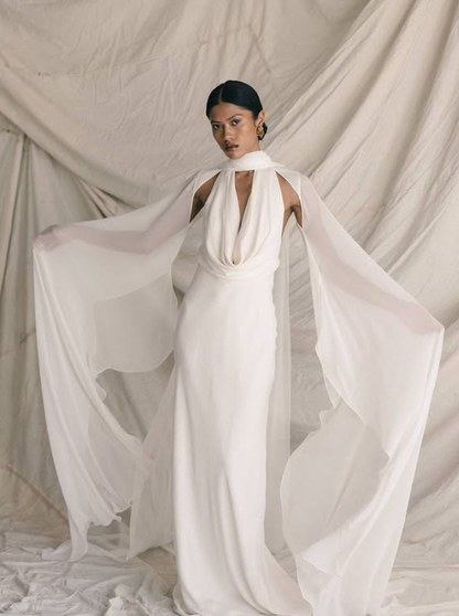 Flowy White Sheath Long Sleeve V Neck Chiffon Wedding Dress Prom Dress DP3659