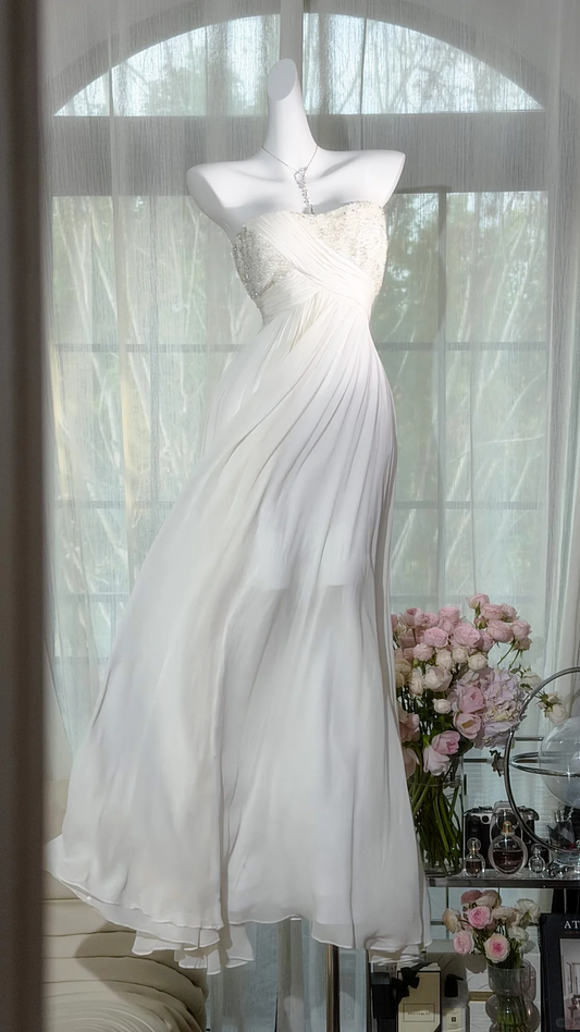 Timeless Elegance Vintage White Beaded Chiffon Long Prom Dress DP5152