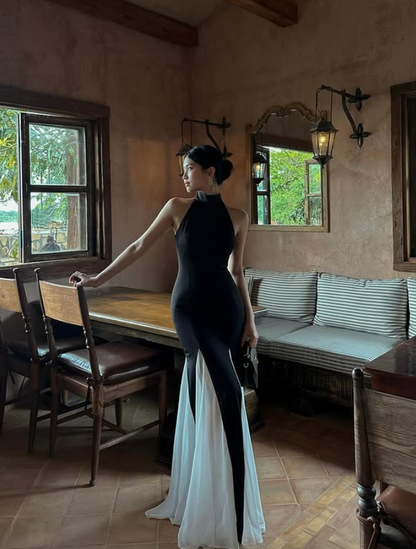 Stunning Mermaid Halter White Chiffon Black Satin Prom Dress 16th Birthday Dress DP3975