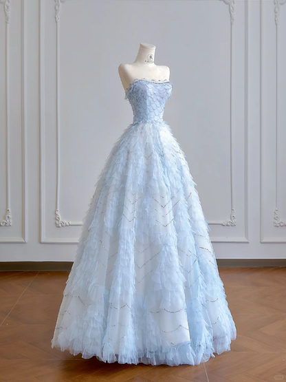 Baby Blue Ball Gown Strapless Beaded Layered Tulle Long Prom Dresses DP4190