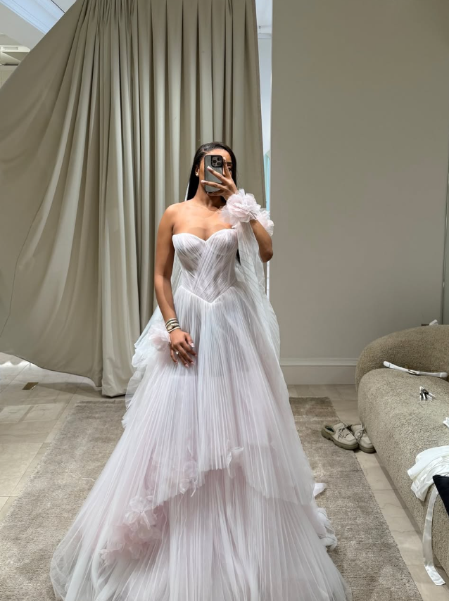 Stunning A Line Sweetheart Neck Light Pink Tulle Long Wedding Dress DP1783