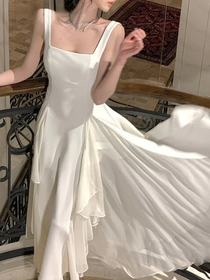 White Elegant Irregular Chiffon Hem Long Prom Dress Evening Dress DP695
