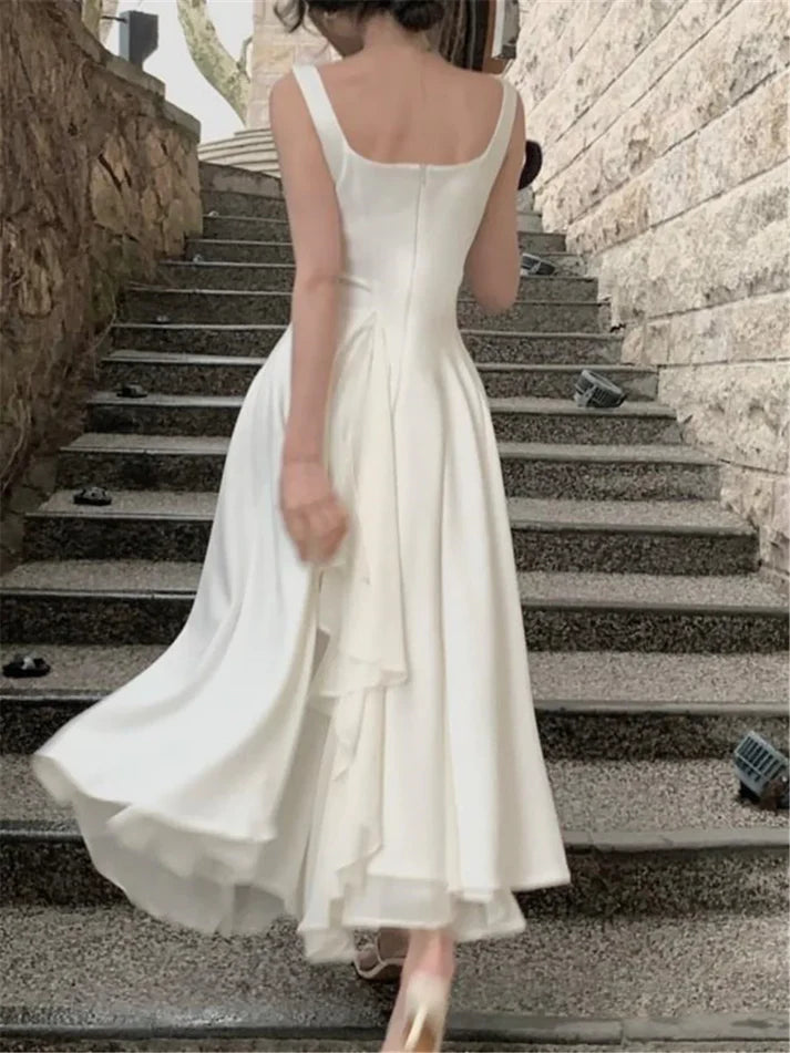 White Elegant Irregular Chiffon Hem Long Prom Dress Evening Dress DP695