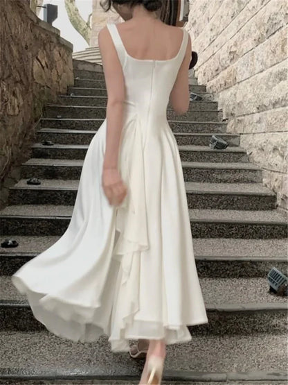 White Elegant Irregular Chiffon Hem Long Prom Dress Evening Dress DP695