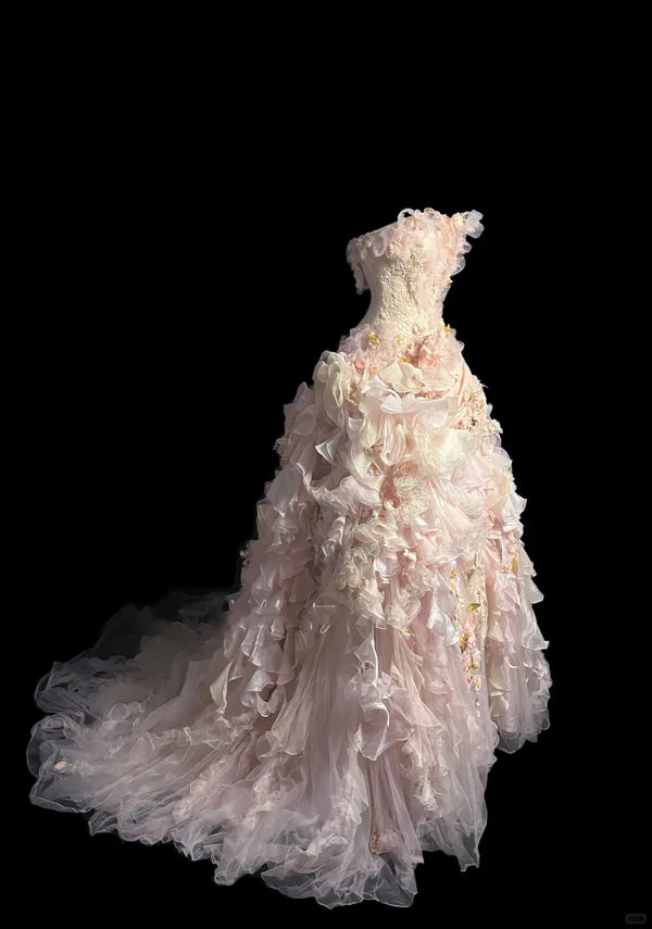 Modest Ball Gown Strapless Pink Chiffon Floral Long Prom Dress Party Dress Graduation Dresses Sweet 16 Dress DP3781