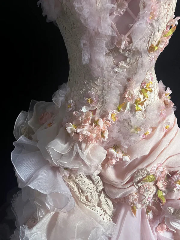 Modest Ball Gown Strapless Pink Chiffon Floral Long Prom Dress Party Dress Graduation Dresses Sweet 16 Dress DP3781