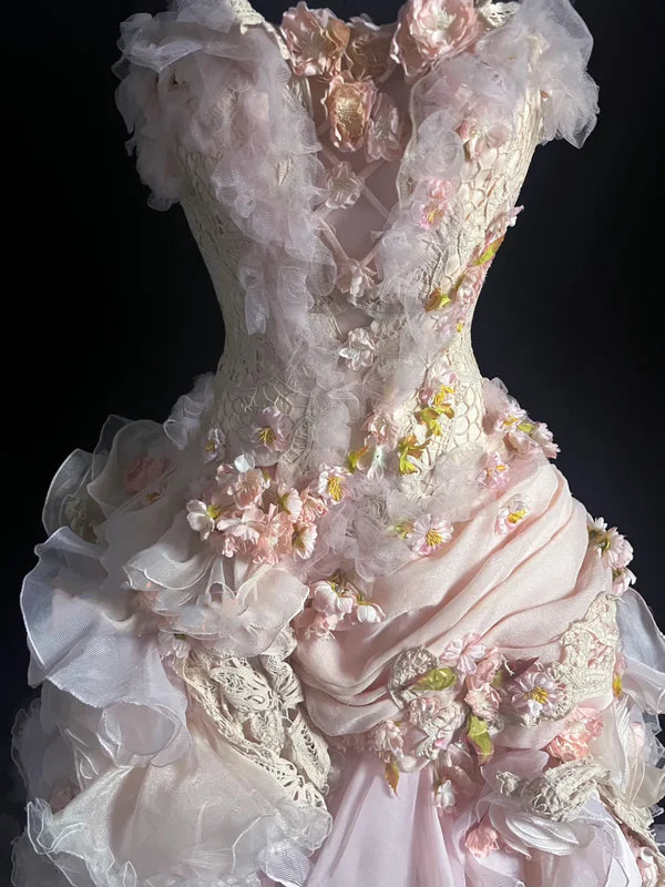 Modest Ball Gown Strapless Pink Chiffon Floral Long Prom Dress Party Dress Graduation Dresses Sweet 16 Dress DP3781