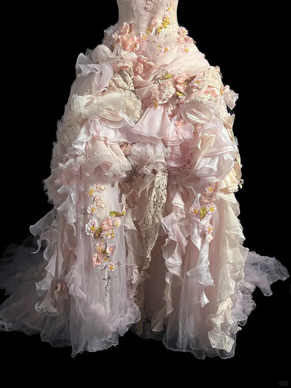 Modest Ball Gown Strapless Pink Chiffon Floral Long Prom Dress Party Dress Graduation Dresses Sweet 16 Dress DP3781