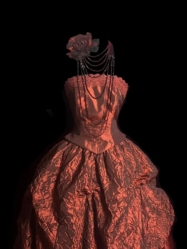 Vintage Ball Gown Strapless Burgundy Floral Long Prom Dress Party Dress Graduation Dresses Sweet 16 Dress DP4145