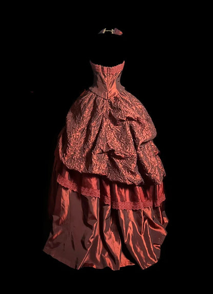 Vintage Ball Gown Strapless Burgundy Floral Long Prom Dress Party Dress Graduation Dresses Sweet 16 Dress DP4145