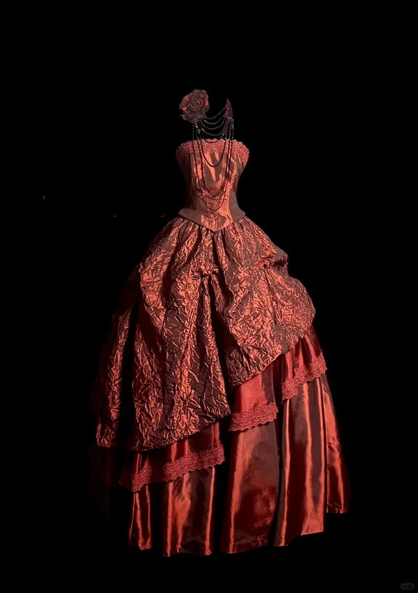 Vintage Ball Gown Strapless Burgundy Floral Long Prom Dress Party Dress Graduation Dresses Sweet 16 Dress DP4145