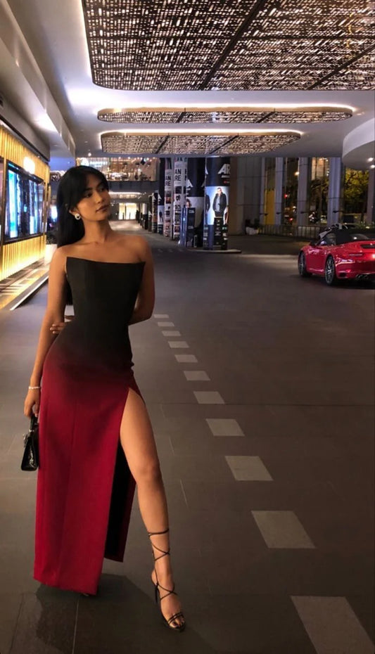 Simple Sheath Strapless Black Red Satin Long Prom Dress Evening Dress with Slit DP1201