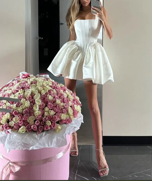 White A Line Square Neck Satin Short Homecoming Dress Outfits DP1200