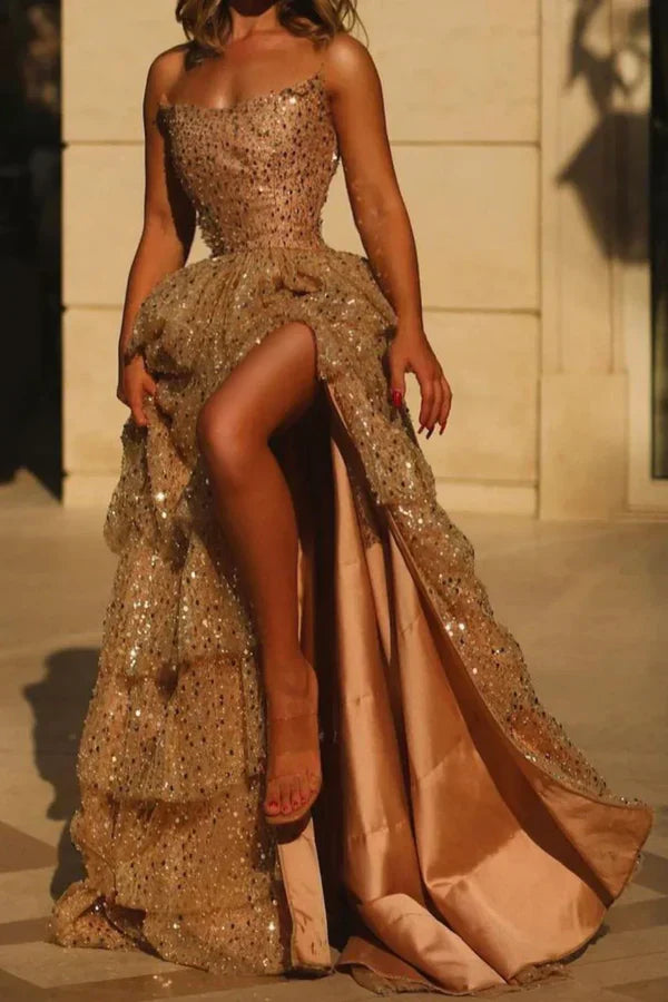 Pretty Sparkly A Line Strapless Black Corset Prom Dress Ruffle Tiered With Slit Graduation Dress DP4215