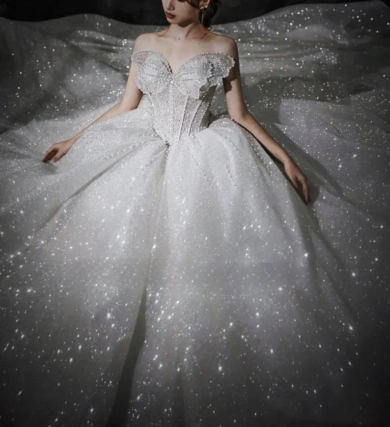 Stunning Ball Gown Strapless Beaded Sequin Prom Dress Wedding Dress with Butterfly DP3961