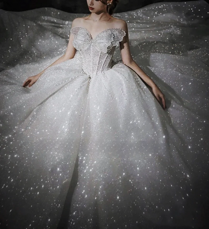 Stunning Ball Gown Strapless Beaded Sequin Prom Dress Wedding Dress with Butterfly DP3961