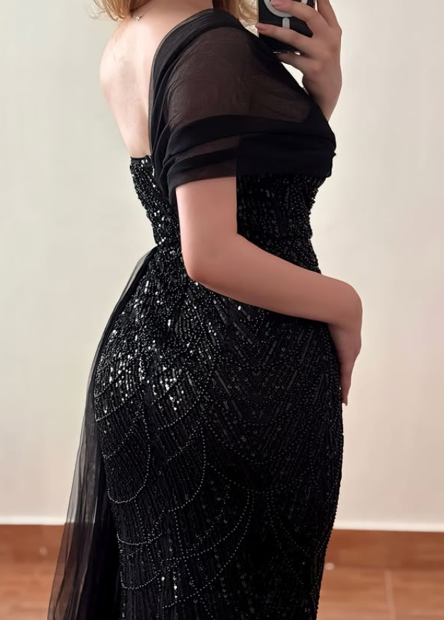 Glamorous A Line One Shoulder Exquisite Black Beaded Tulle Long Prom Dress Evening Dress DP6437