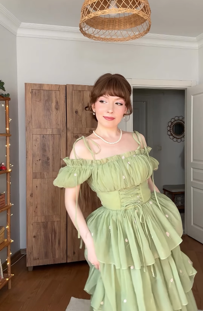 Green A Line Off the Shoulder Embroidery Floral Chiffon Prom Dress Outfits DP4434