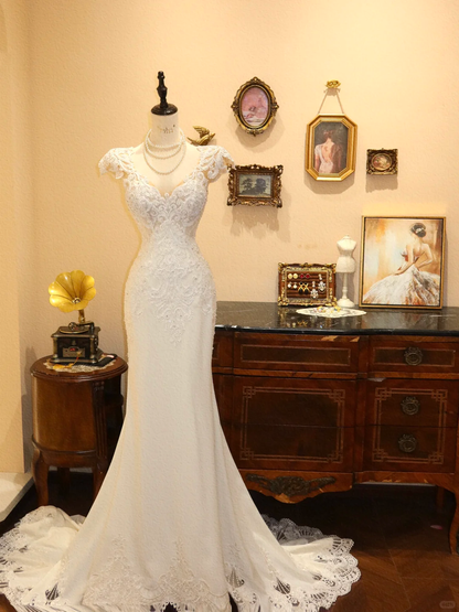 Classy Mermaid V Neck White Lace Appliques Satin Long Prom Dress Wedding Dress DP7037