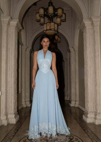 Baby Blue A Line Halter Beaded Chiffon Long Prom Dress Wedding Guest Dress DP4324