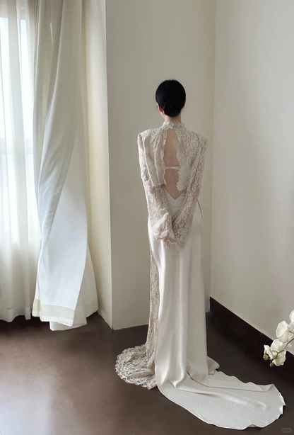 Vintage Mermaid Long Sleeve Apricot Lace Satin Prom Dress Wedding Dress DP3475