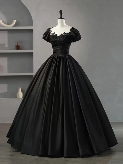 Black Scoop Neckline Satin Lace Beaded Long Prom Dress Party Dress Ball Gown DP397