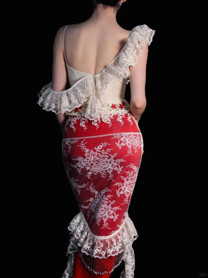 Vintage Unique Sheath Off the Shoulder Lace Beaded Red Satin Prom Dress Evening Dress DP6467