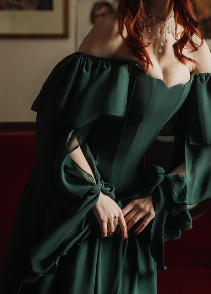 Emerald A Line Long Sleeve Chiffon Long Prom Dress Evening Dress DP6342