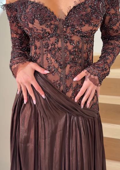 Stunning Brown A Line Long Sleeve Beaded Lace Satin Slit Prom Dress Evening Dress DP6177