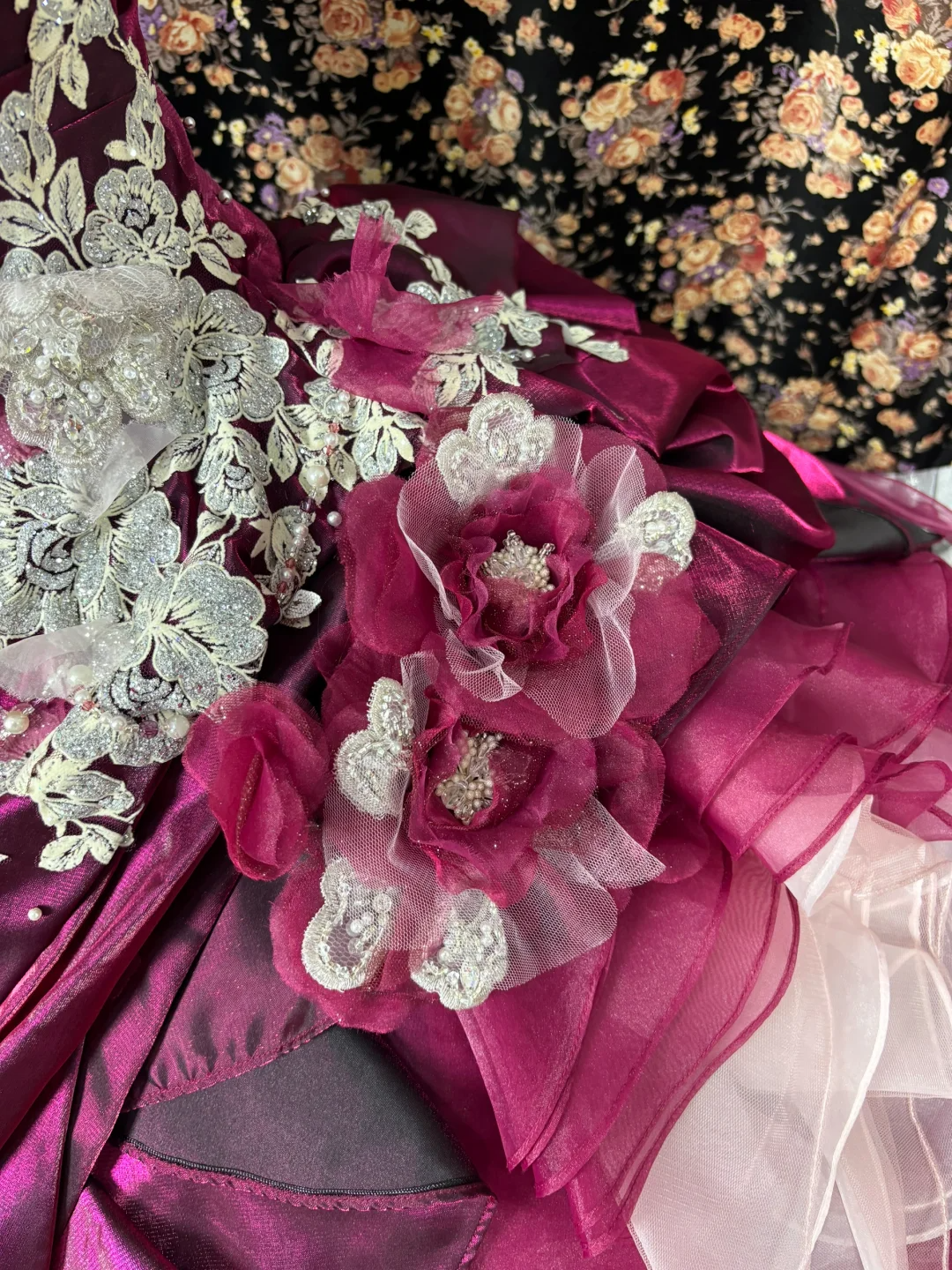 Vintage Pink Purple Ball Gown Strapless Lace Ruffle Tulle Prom Dress Sweet 16 Dress DP5658