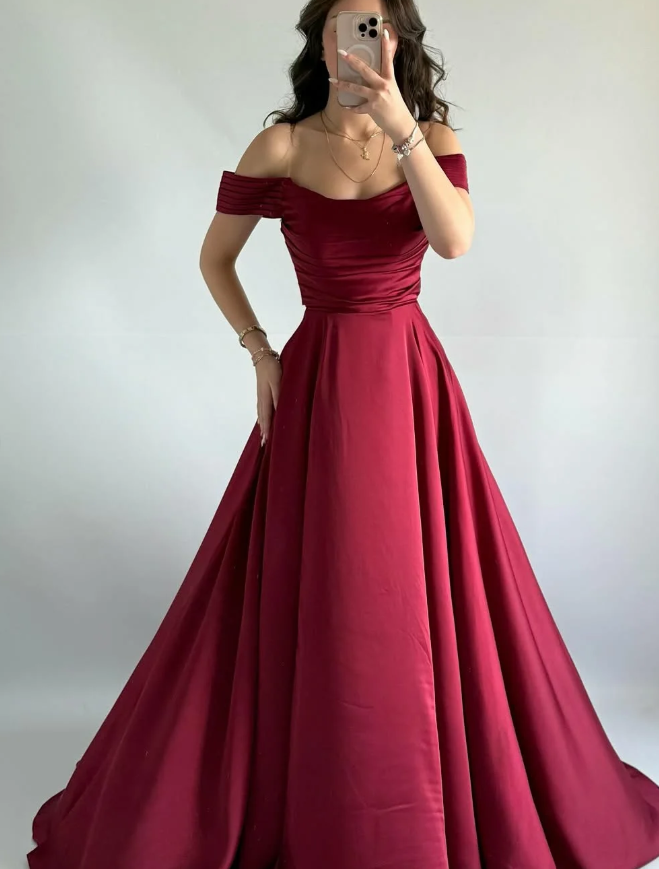 Simple Burgundy A Line Off the Shoulder Satin Prom Dress Evening Dress DP5259