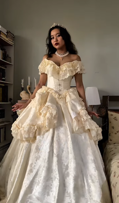 Apricot Ball Gown Off the Shoulder Layered Lace Satin 16th Birthday Dress Quinceanera Dress DP4439