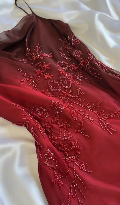 Vintage Red Ombre A Line Straps Beaded Chiffon Prom Dress DP5073