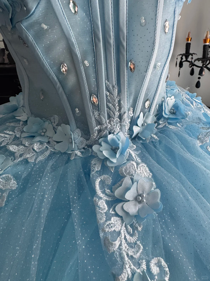 Baby Blue Ball Gown Spaghetti Strap Floral Tulle Prom Dress Quinceanera Dress DP6958