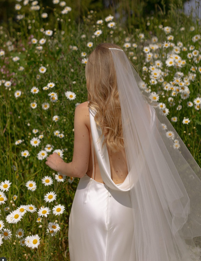 Open Back Sexy Sheath Round Neck White Satin Long Wedding Dress DP4303