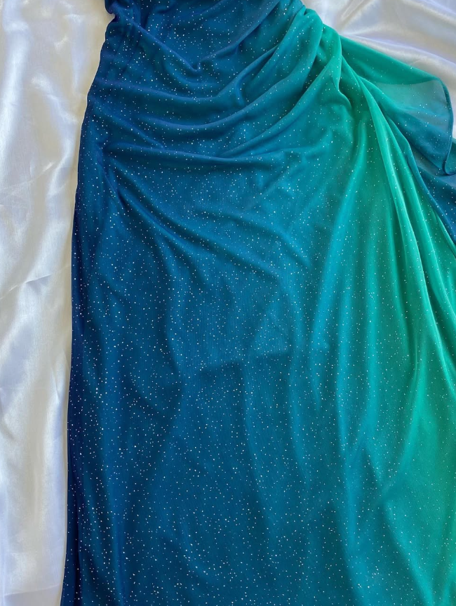 Vintage A Line Off the Shoulder Green-blue Ombre Chiffon Prom Dress DP5085