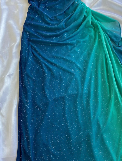 Vintage A Line Off the Shoulder Green-blue Ombre Chiffon Prom Dress DP5085